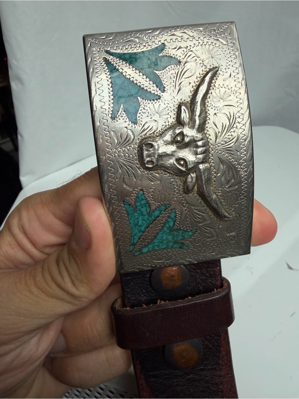 Western Silver Bull Head Belt Buckle with Turquoise Inlay - Picture 2 of 6
